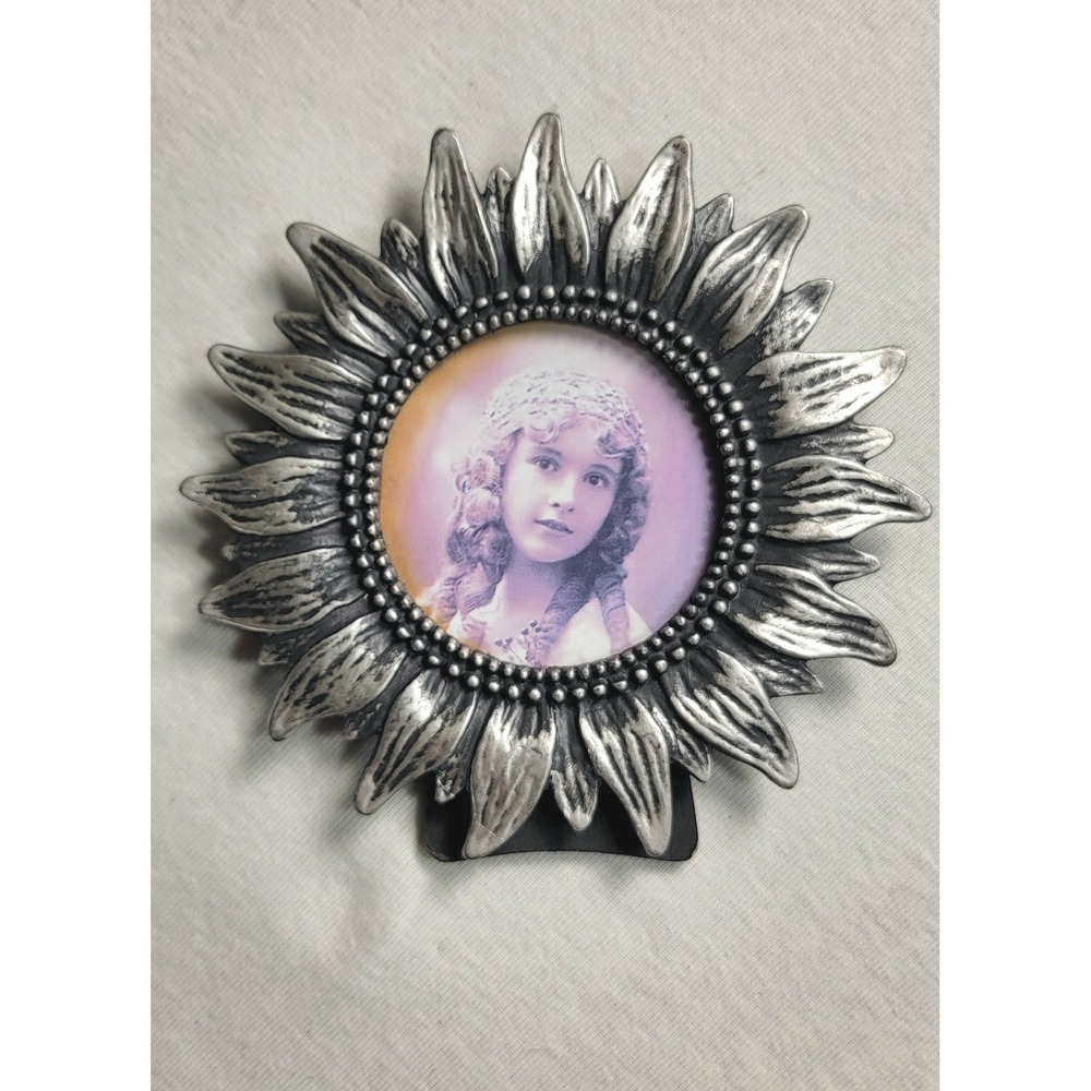 Vintage Pewter-Tone Sunflower Flower Round Metal Picture Frame 5 inch Small